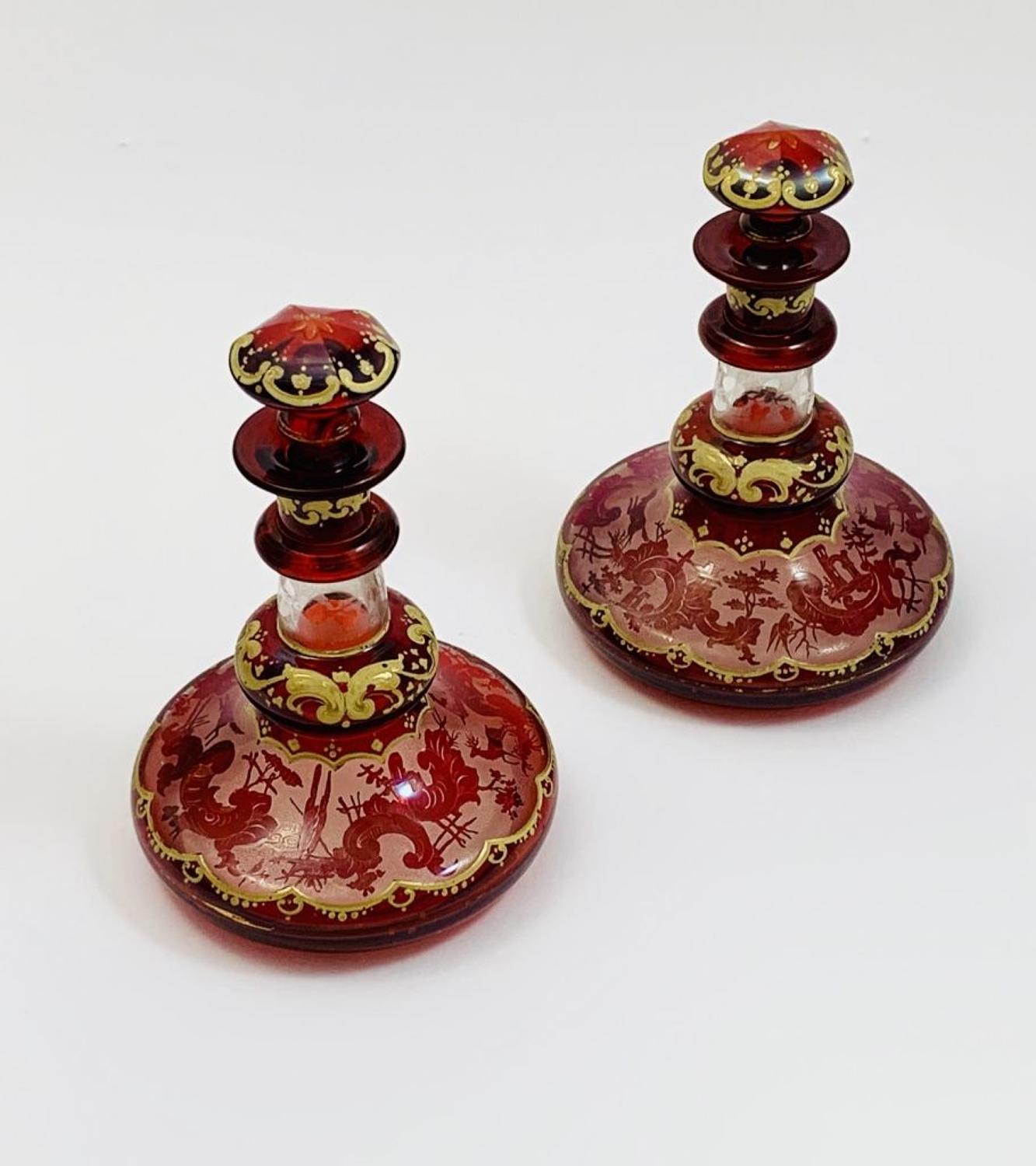 Pair of Antique Bohemian Ruby Red Glass Perfume Bottles