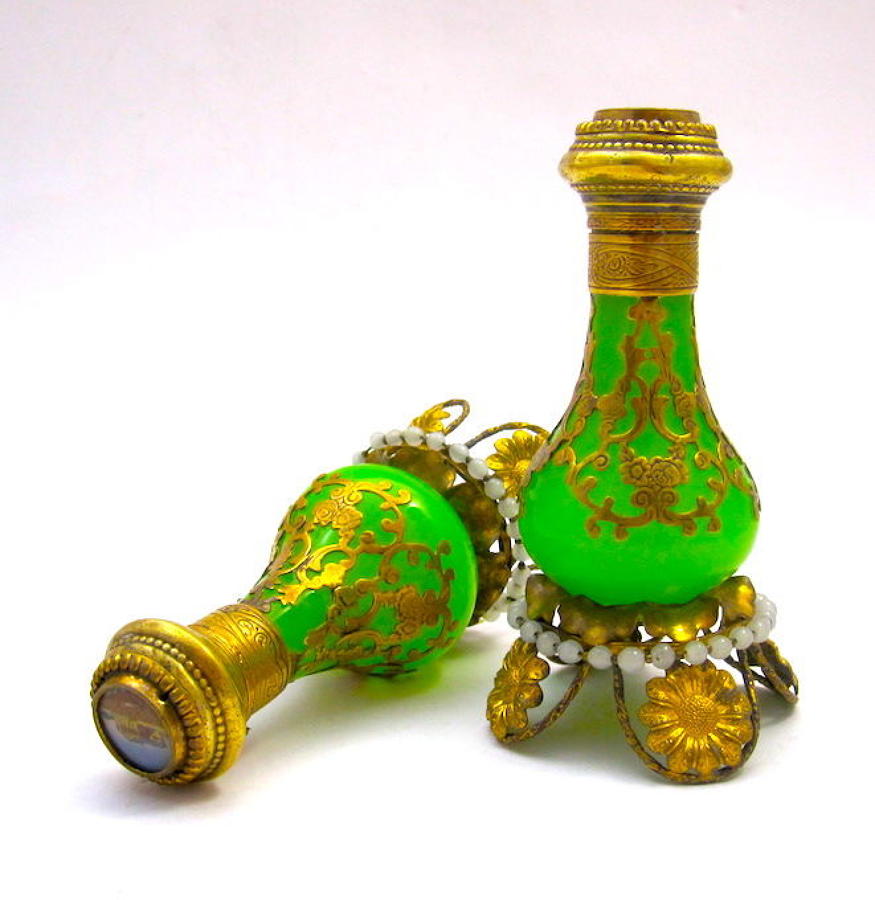 Pair of Antique Palais Royal Green Opaline Perfume Bottles