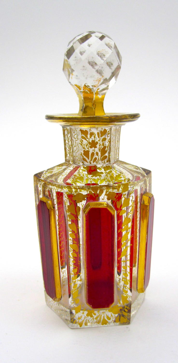 Antique MOSER Red Cut to Clear Perfume Bottle with Ruby Cabochons