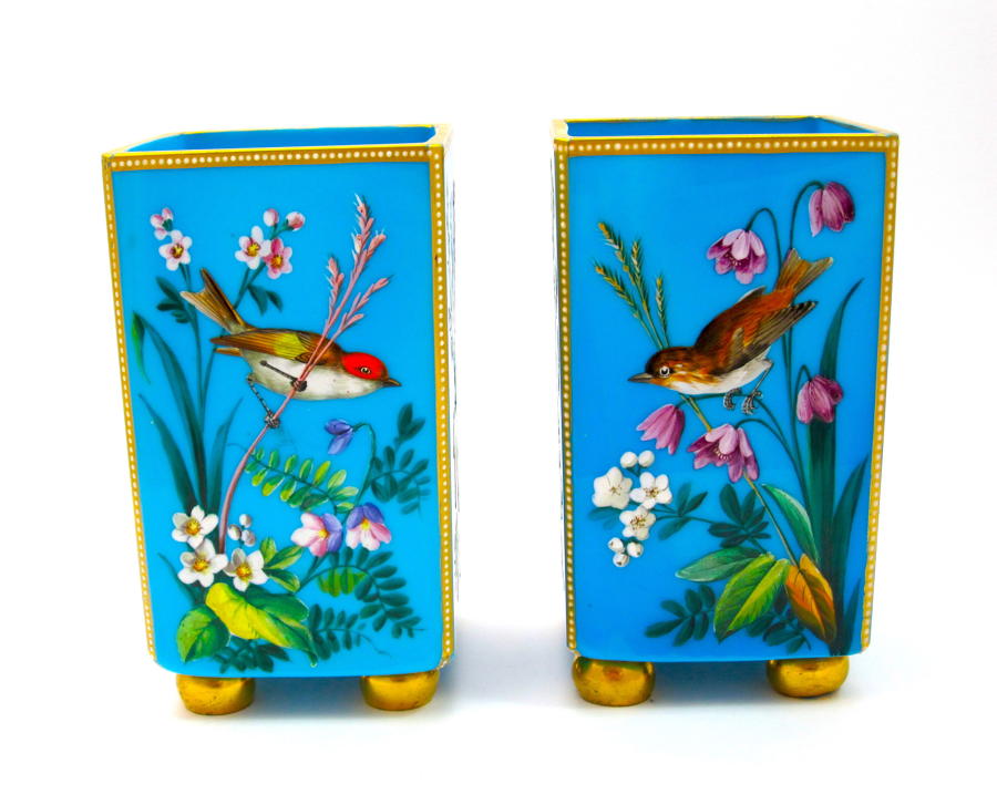 Pair of MOSER Blue Opaline Vases with Flowers and Birds