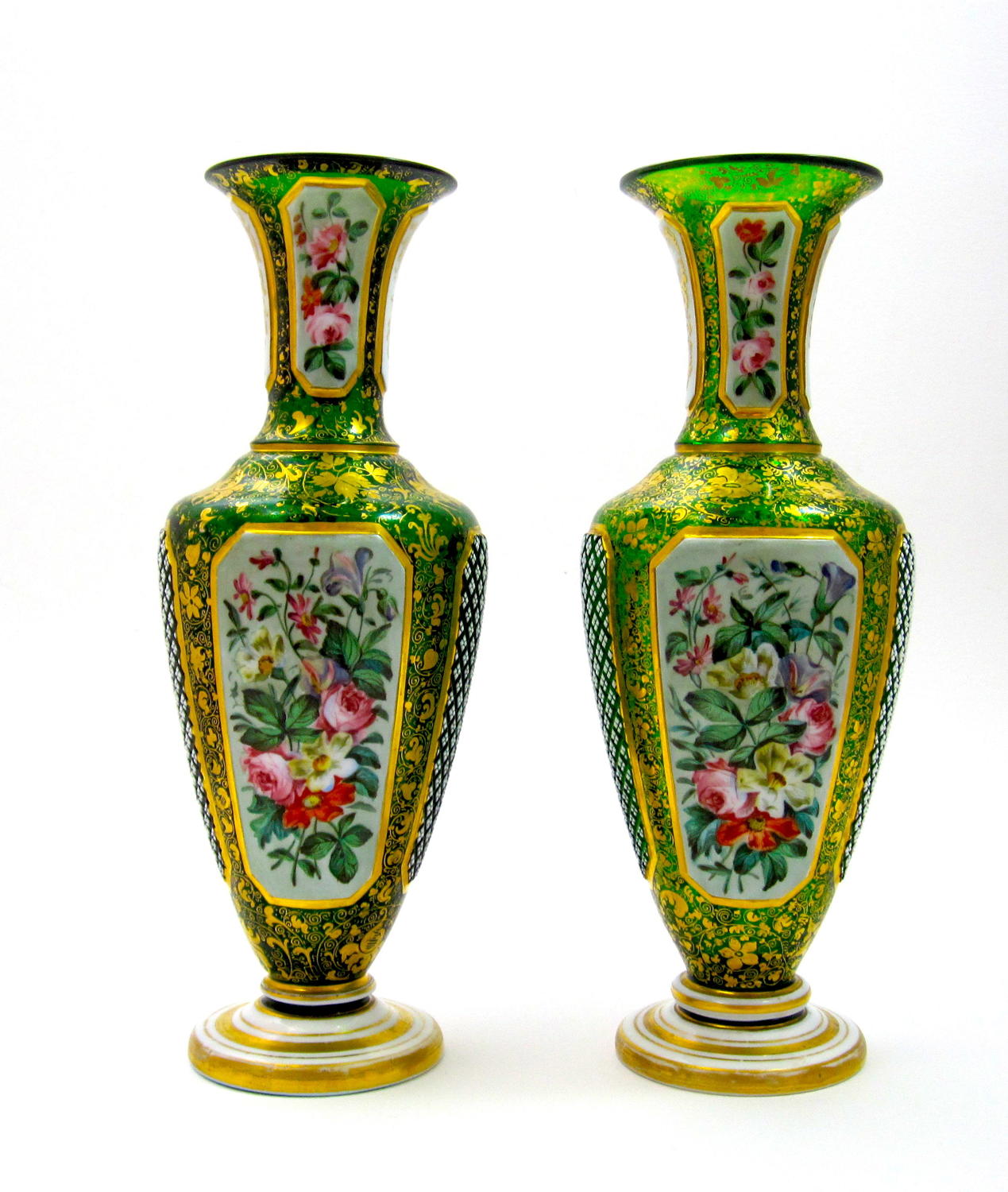 Pair of Antique Bohemian Green Overlay Glass Vases