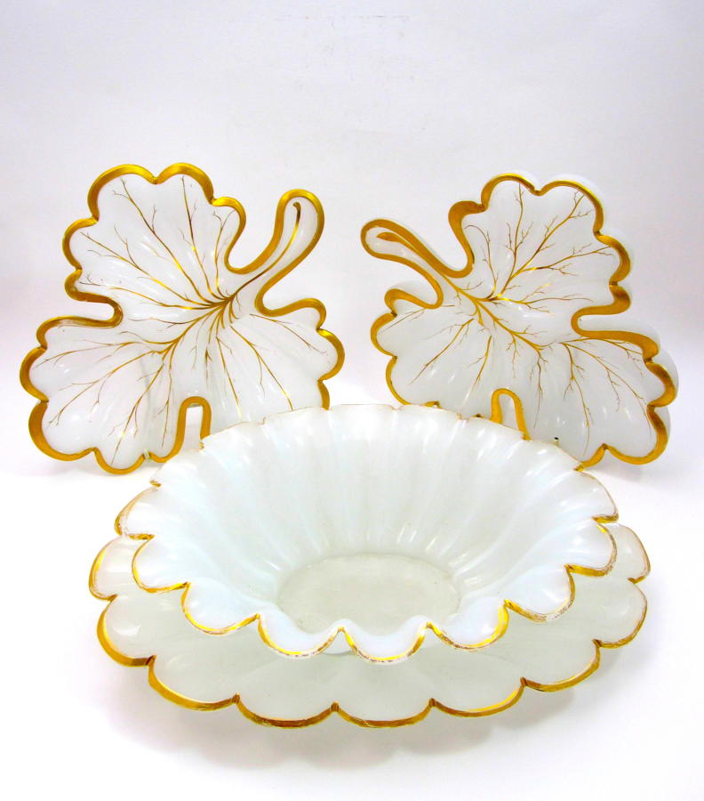 Antique French White Opaline Leaf Table Set