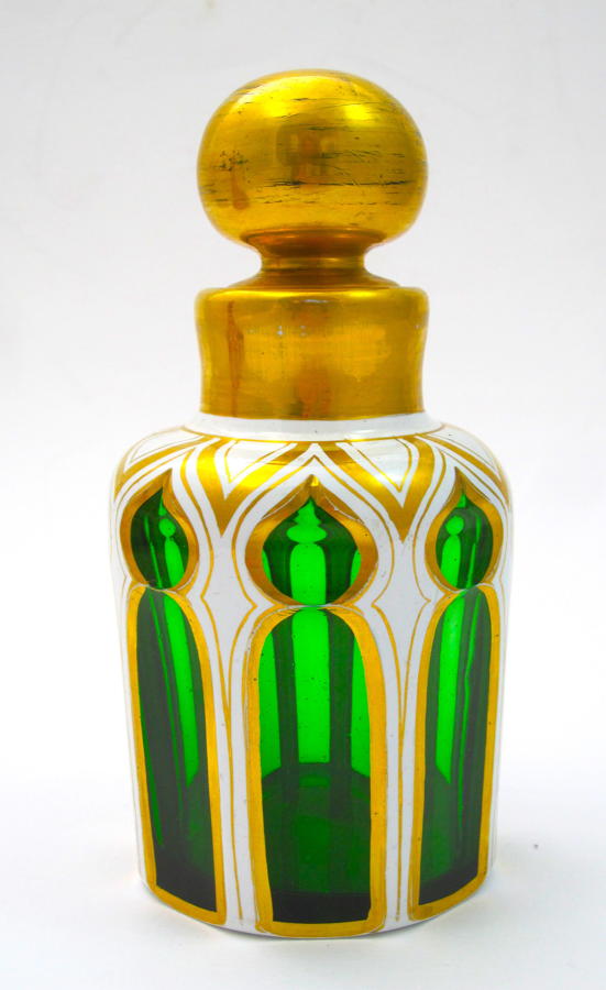 Antique Bohemian Green and White Overlay Glass Perfume Bottle
