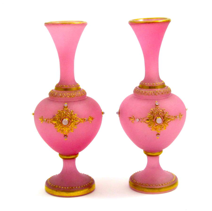 Pair of Antique French Pink Opaline Glass Vases with Jewelled Bodies.