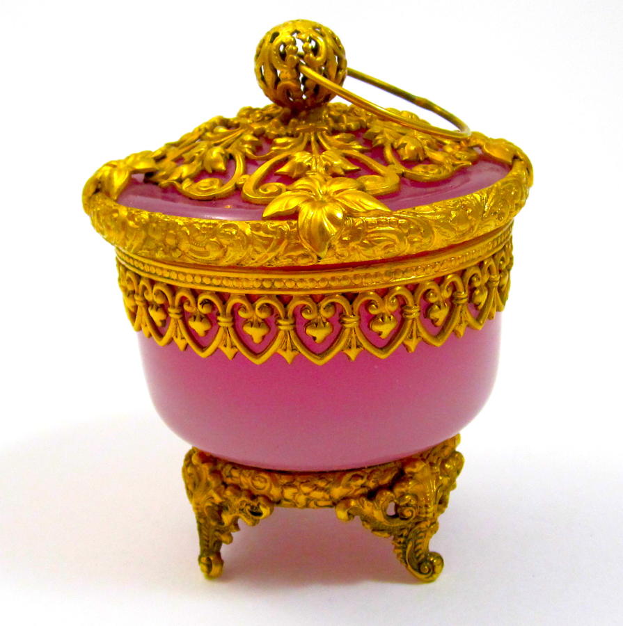 Antique Palais Royal Rare Pink Opaline Glass Box and Cover.