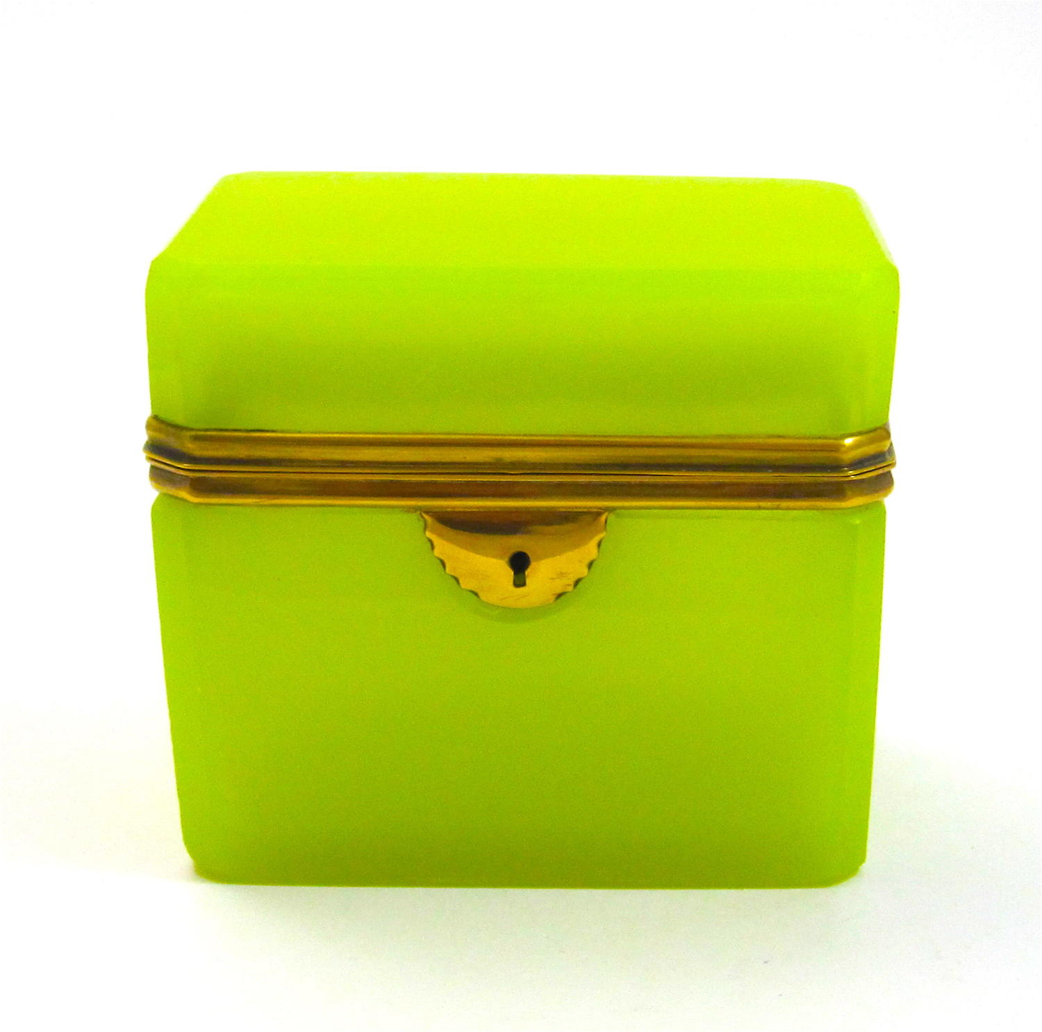 Antique Yellow Opaline Glass Casket Box with Clipped Corners. 