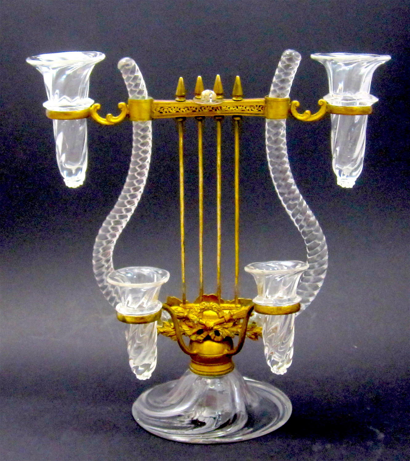 A Stunning Rare Glass Epergne Posy Holder in The Shape of a Lyre