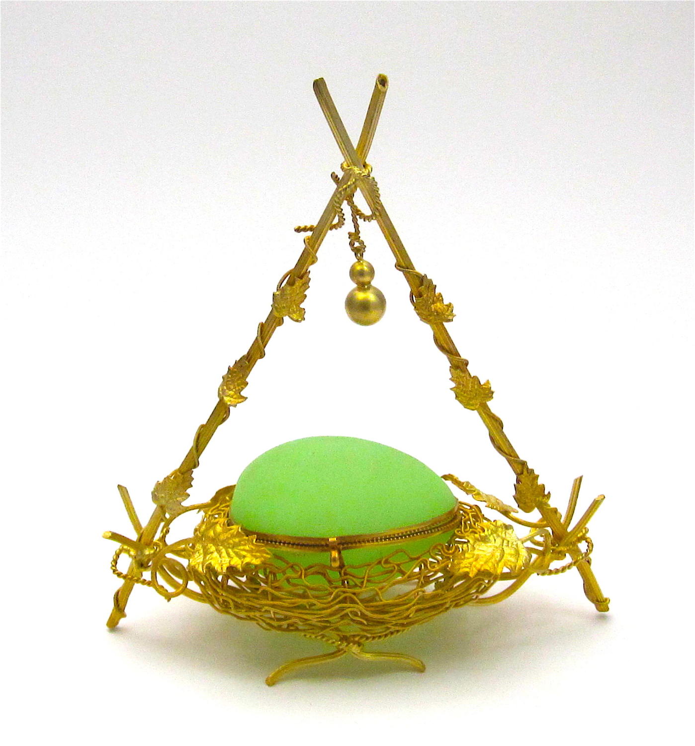Antique French Palais Royal Green Opaline Wigwam Egg Casket