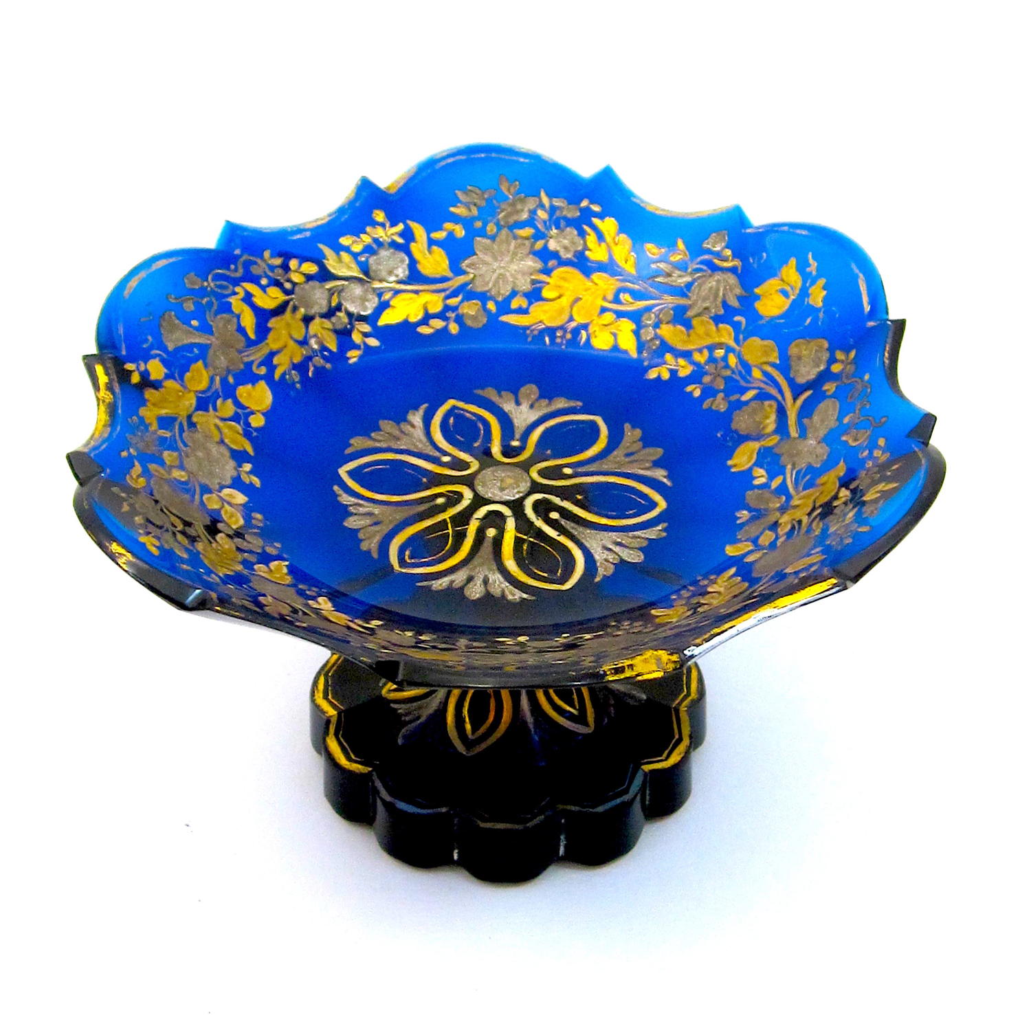 Antique Bohemian Cobalt Blue Glass Stemmed Bowl