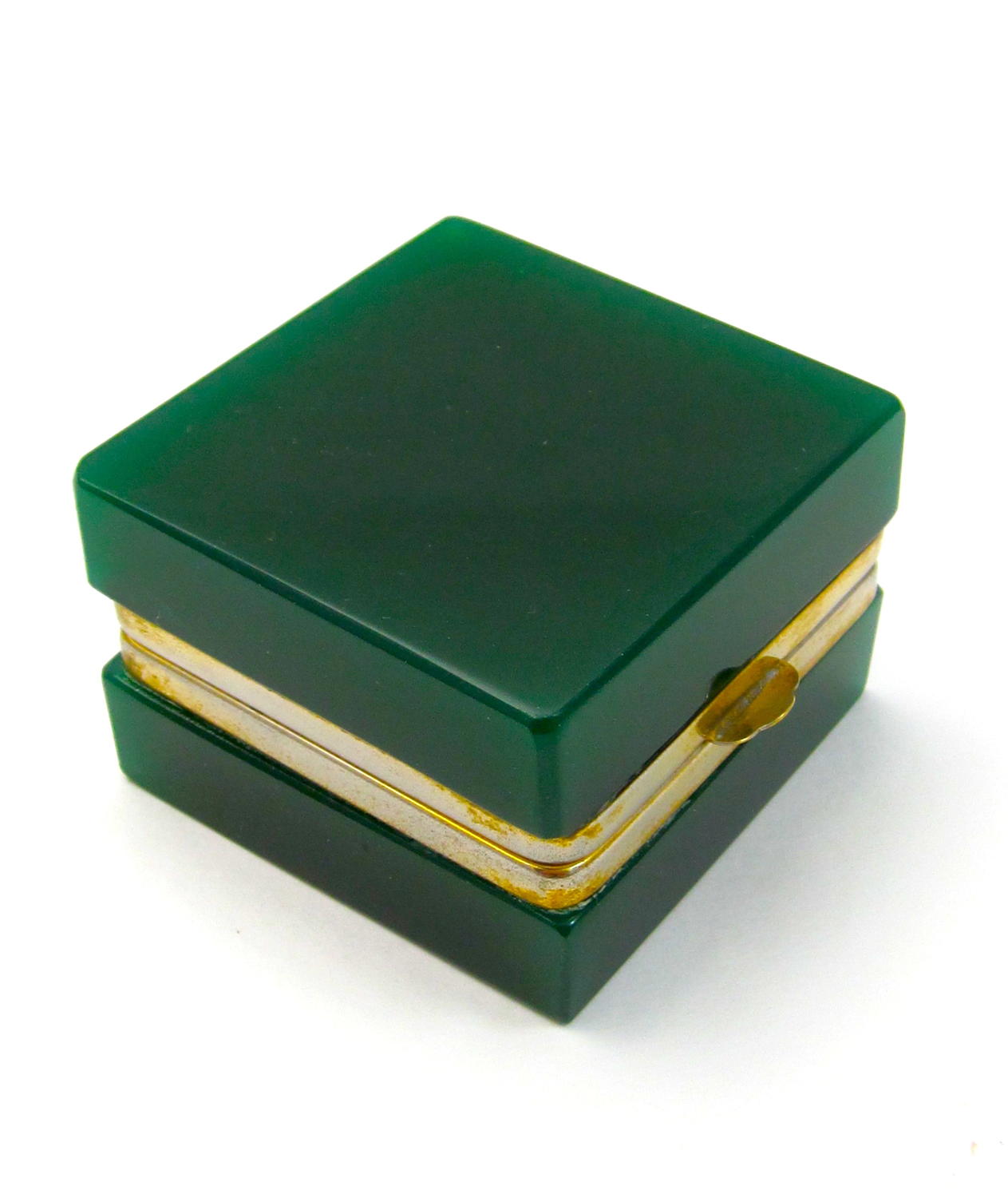 Unusual Antique Miniature Dark Green Glass Square Casket Box