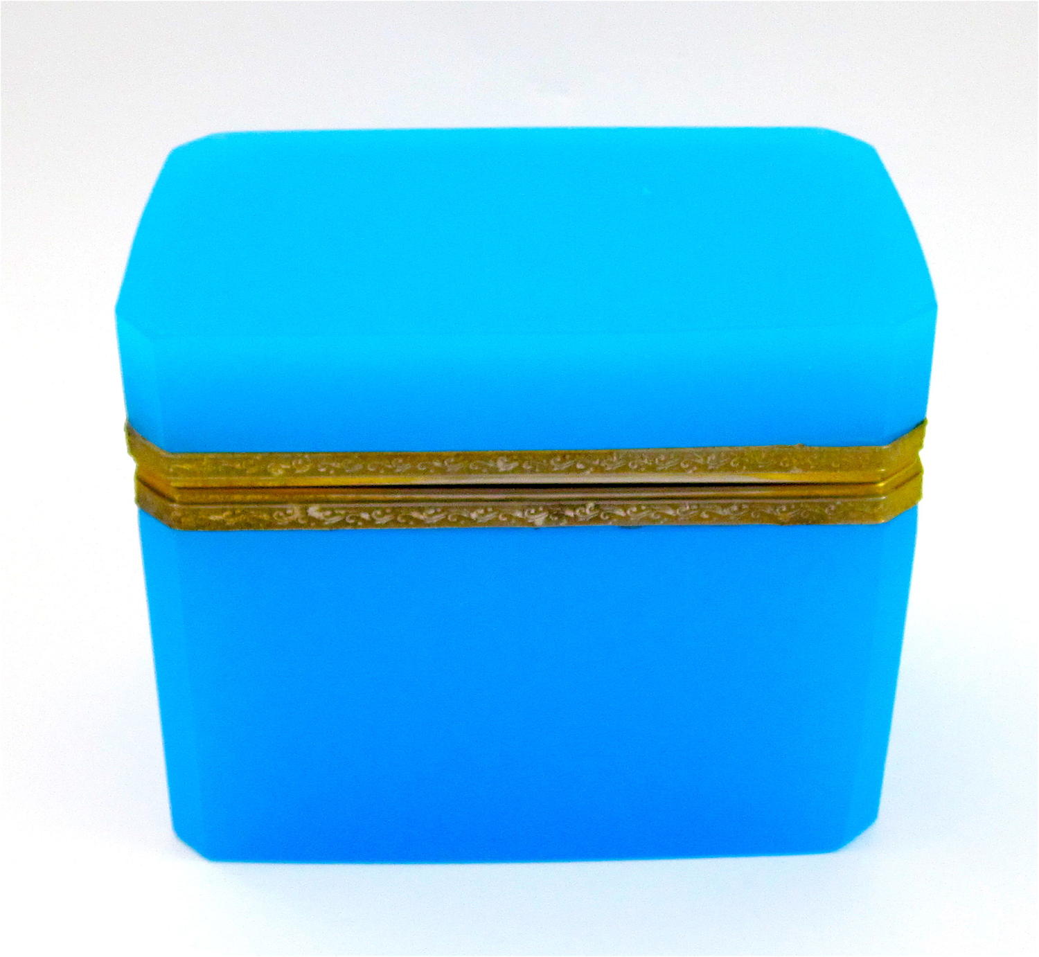 Antique French Rectangular Blue Opaline Glass Casket Box