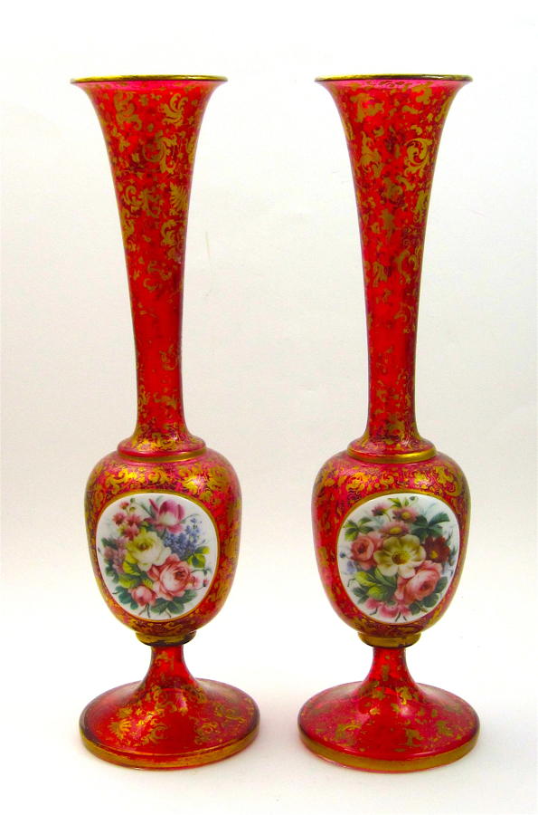 Stunning Pair of Tall Antique Bohemian Overlay Flower Vases