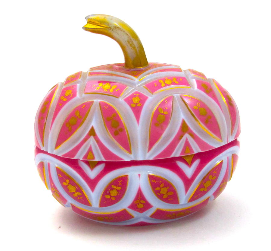 RARE Antique Bohemian Pink 'Barfatan' Opaline Enamelled Glass Melon