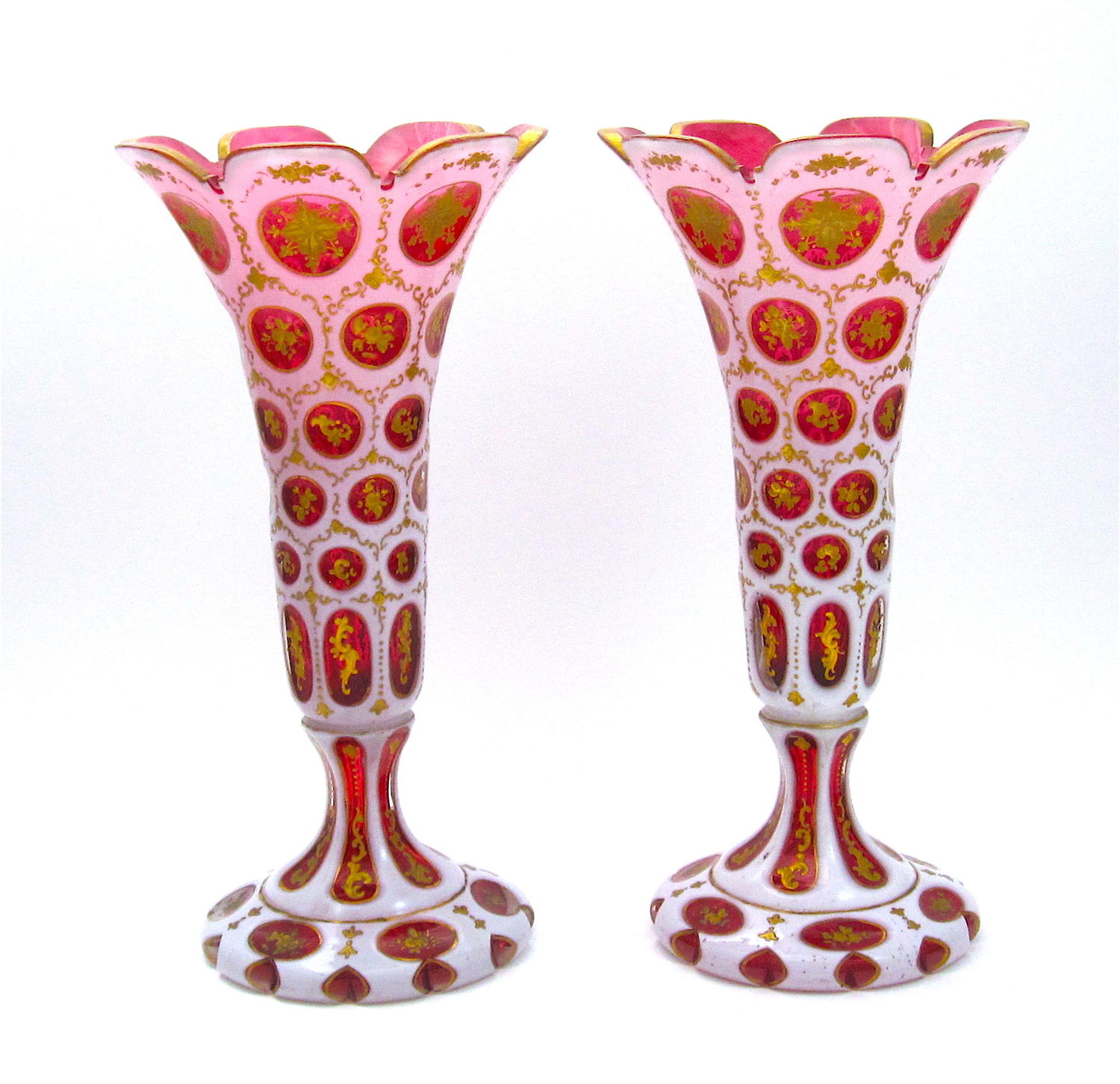 Pair of Antique Bohemian Cranberry and White Overlay Glass Vases