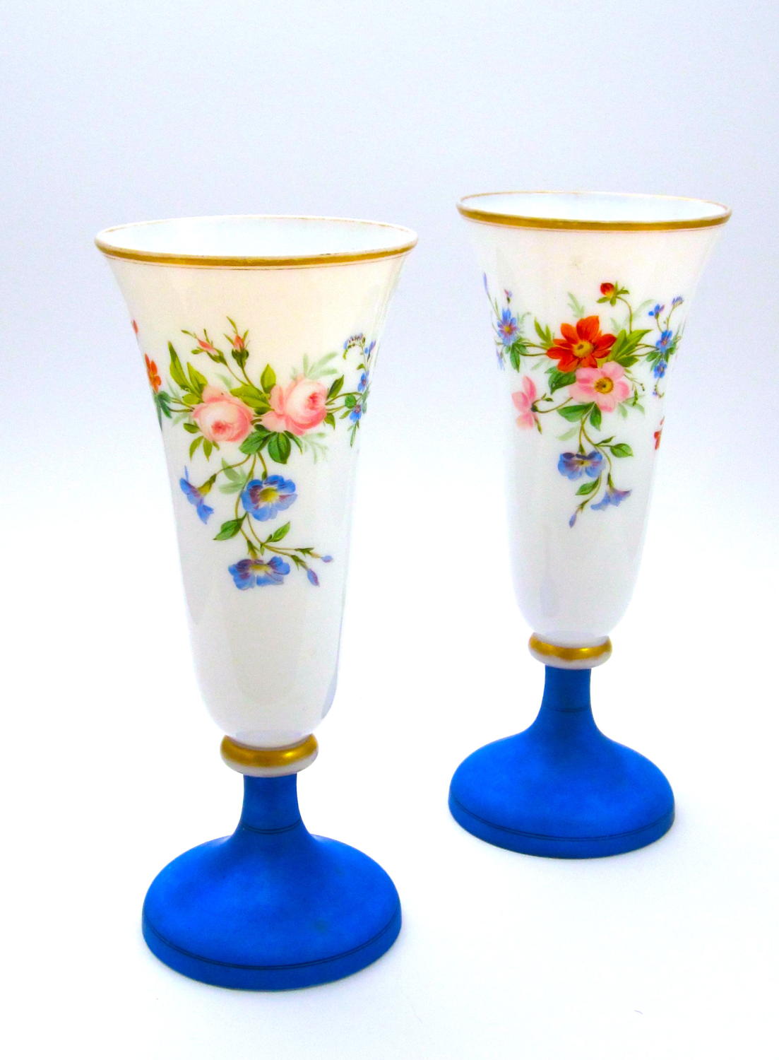 Pair of Antique French Opaline Vases Decorated with Flowers