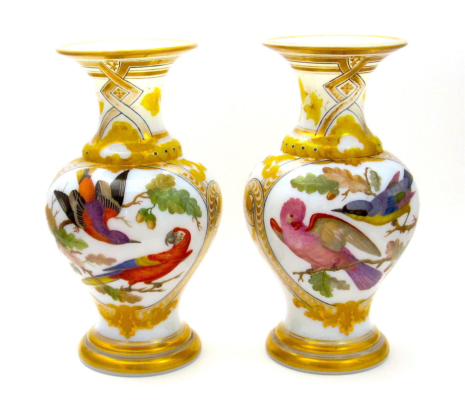 Pair RARE Baccarat Opaline Exotic Bird Vases by Jean Francois Robert