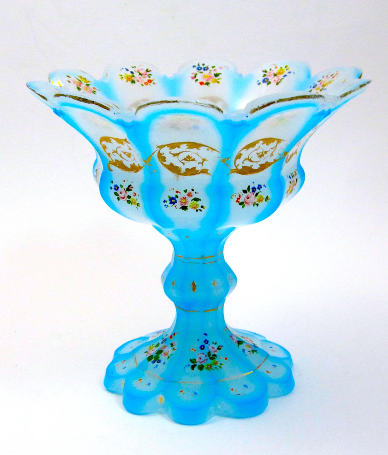 RARE Antique Bohemian Blue 'Barfatan' Opaline Enamelled Glass Bowl.