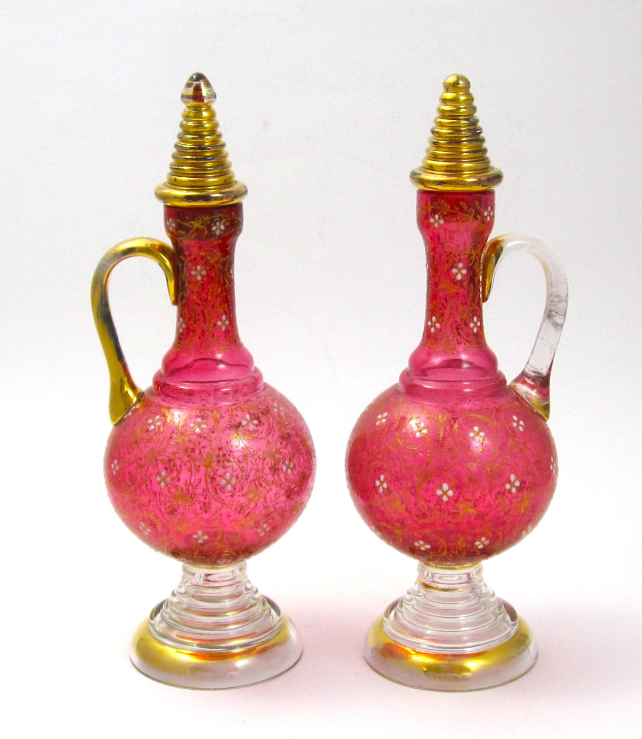 Pair of Antique Tall MOSER Cranberry Glass Enamelled Bottles