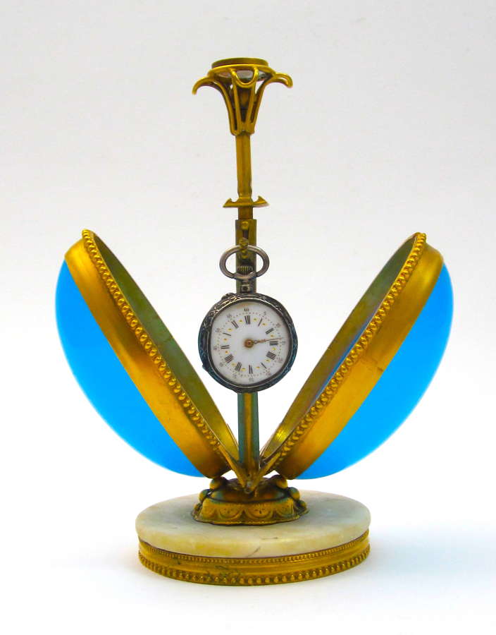 Antique French Palais Royal Blue Opaline Glass Egg Shaped Watch Holder
