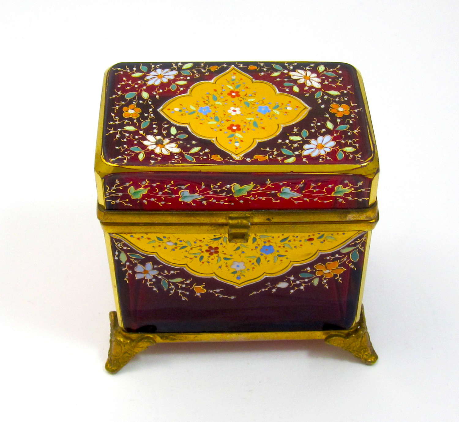 Antique MOSER Ruby Red Glass Enamelled Casket Box