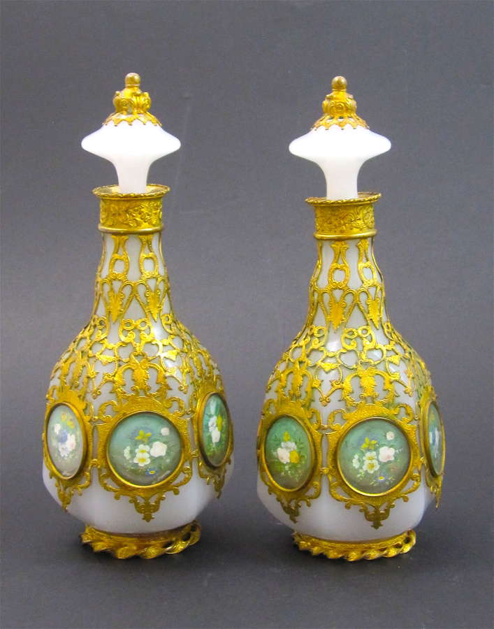 Pair of Unusual Palais Royal Opaline Glass Perfume Bottles