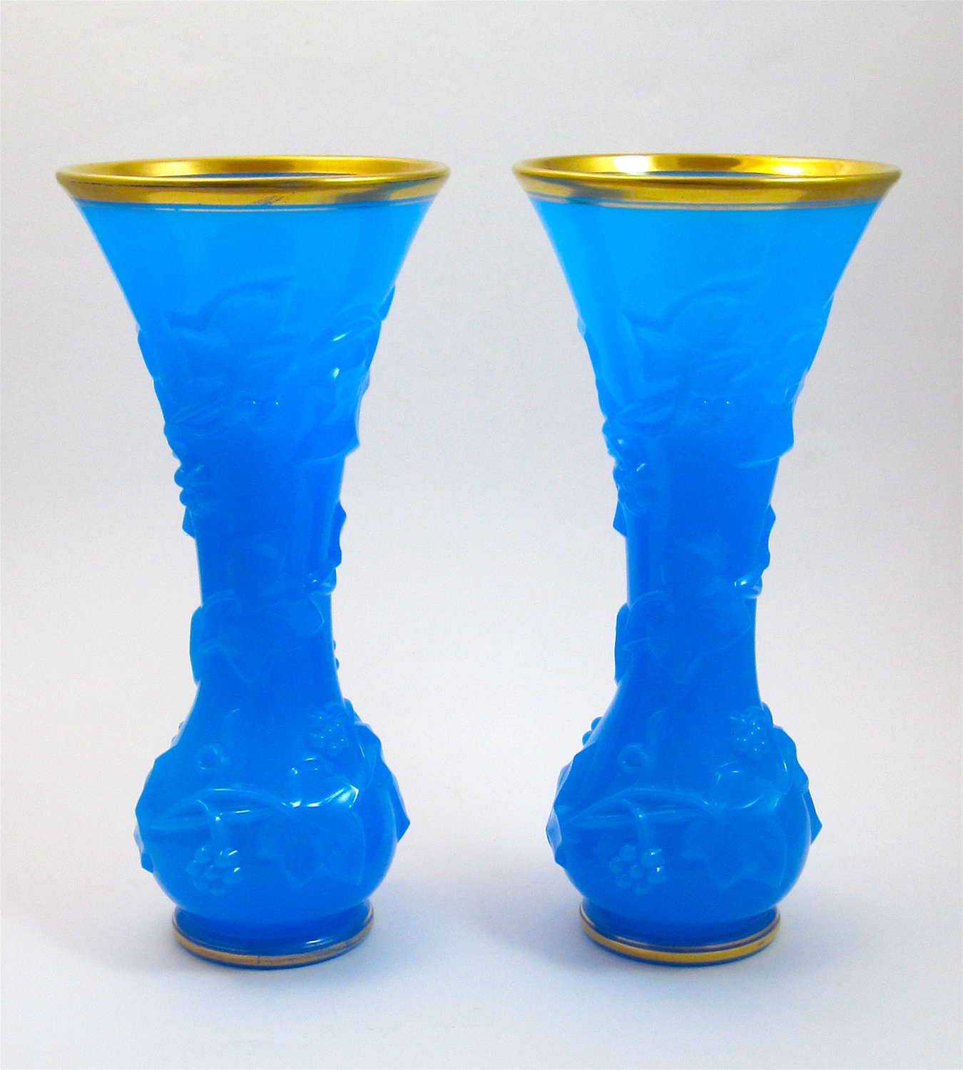 Pair of Antique BACCARAT Blue Opaline Glass Vases