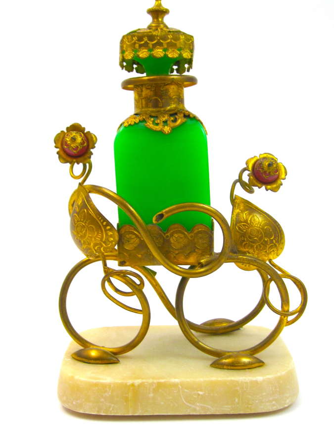 Antique Palais Royal Green Opaline Glass Perfume Bottle Set