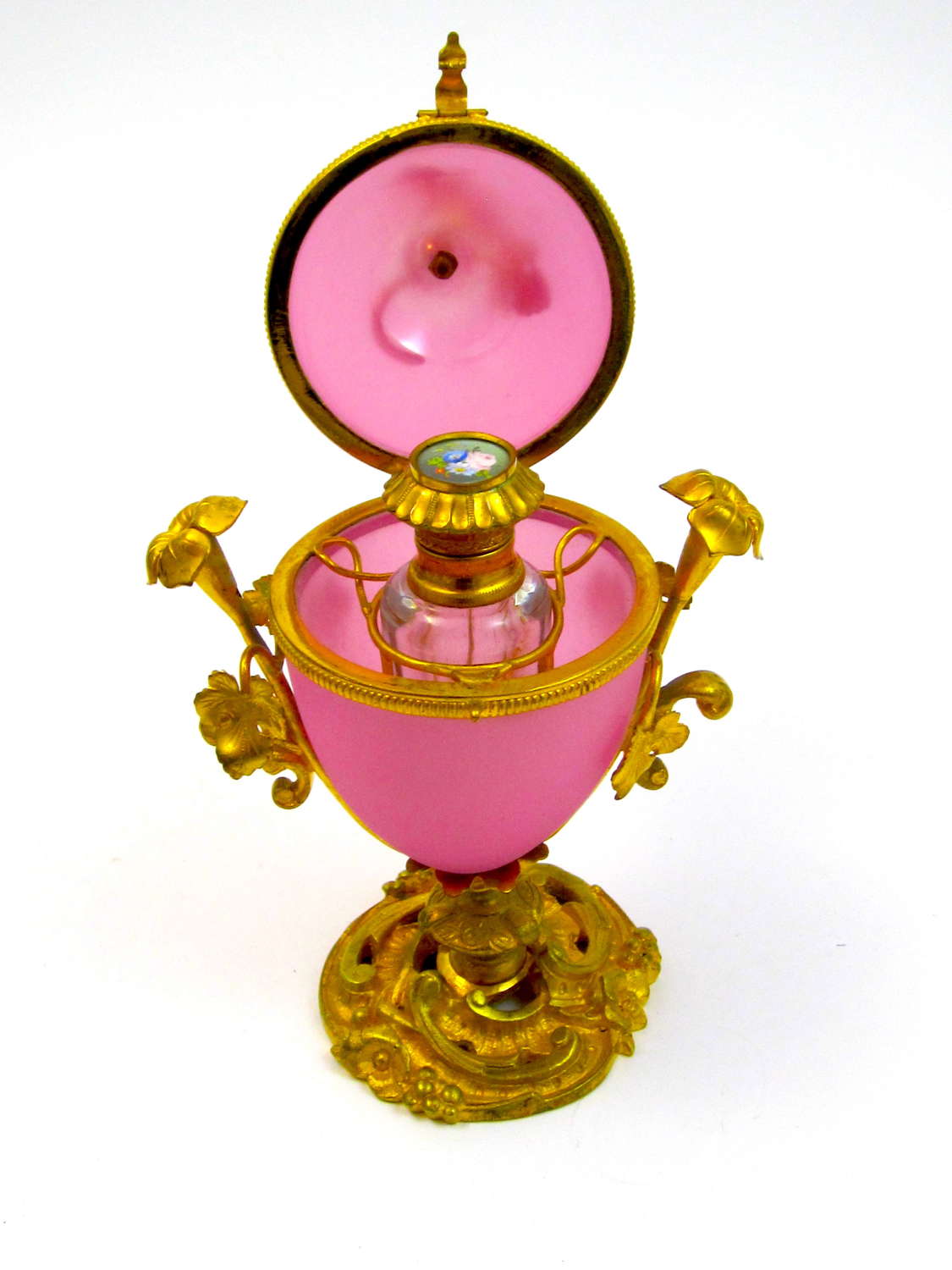 Antique Palais Royal Pink Opaline Glass Perfume Egg Casket