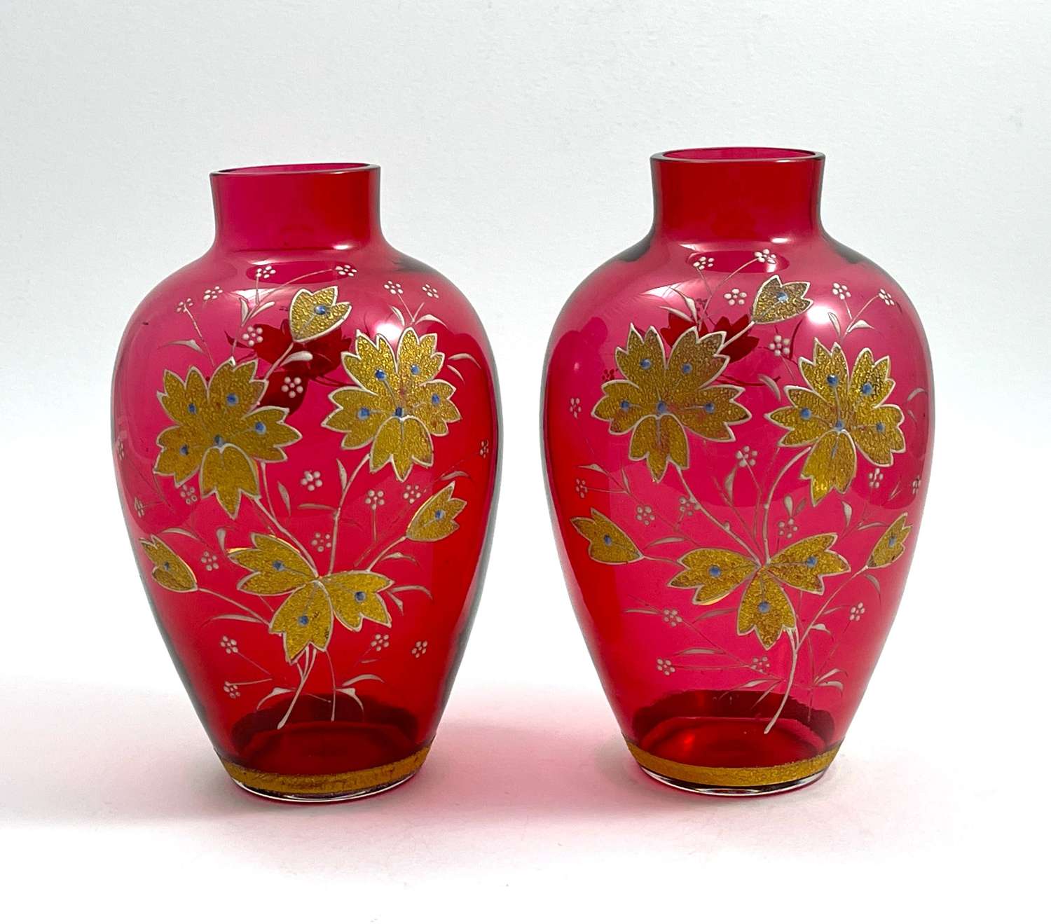 Pair of Antique MOSER Cranberry Crystal Glass Enamelled Vases