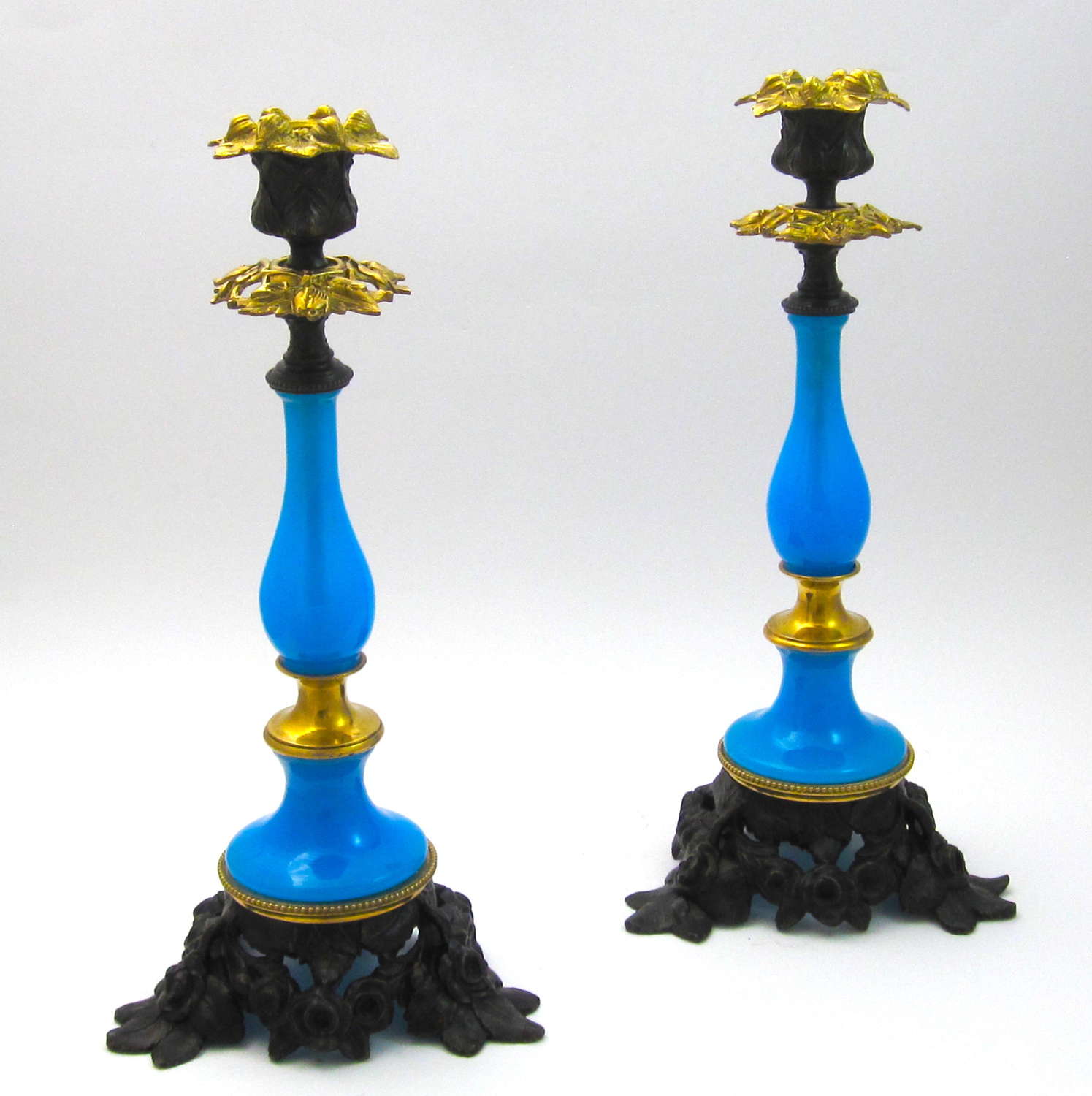Pair of Antique French Opaline and Dore Bronze Candlesticks