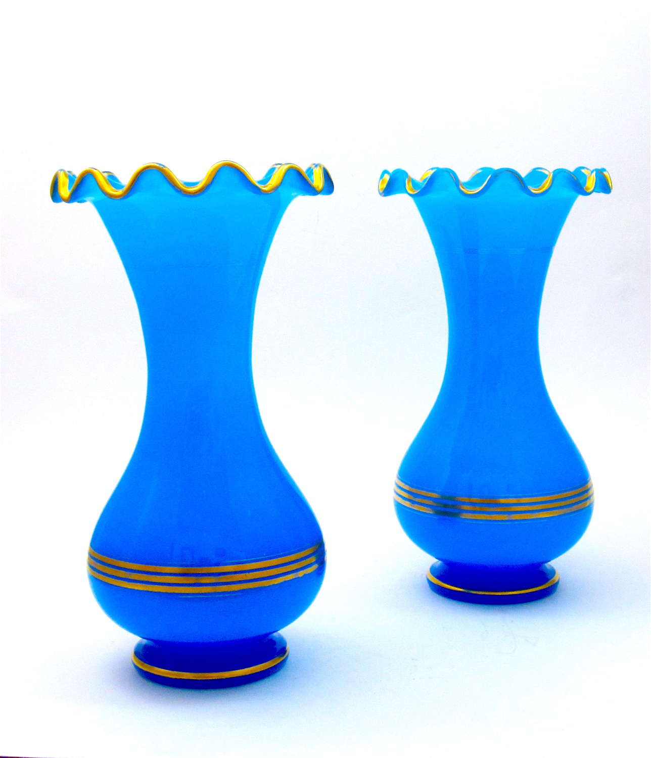 A Pair of Quality Baccarat Blue Opaline Glass Baluster-Shaped Vases