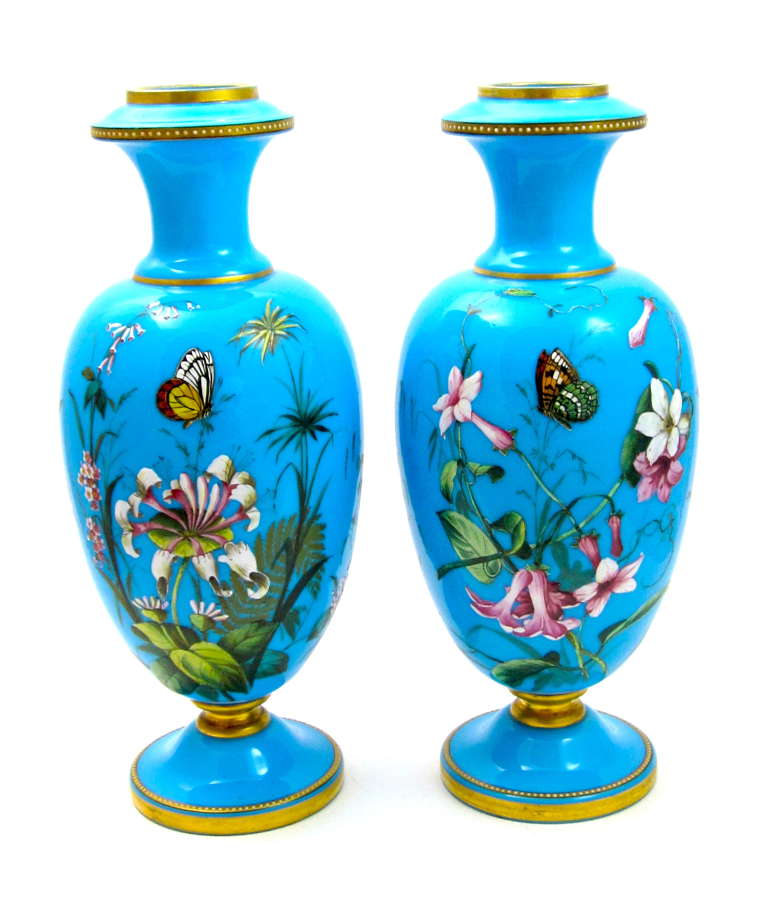 Pair of Exceptional MOSER Blue Opaline Glass Vases with Butterflies