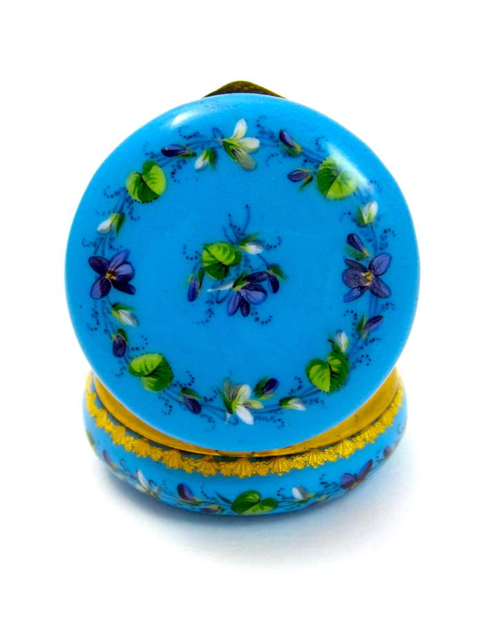 Miniature French Blue Enamel Pill Box Enamelled with Flowers