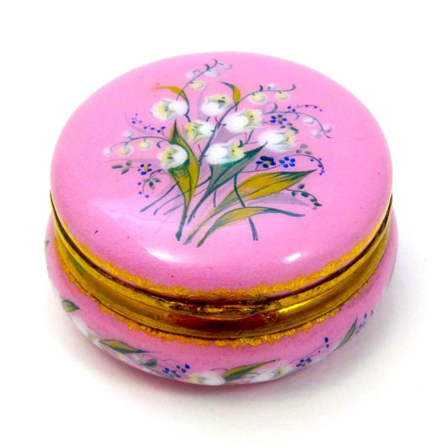Antique French Pink Enamelled Pill Box with Lilly of the Valley