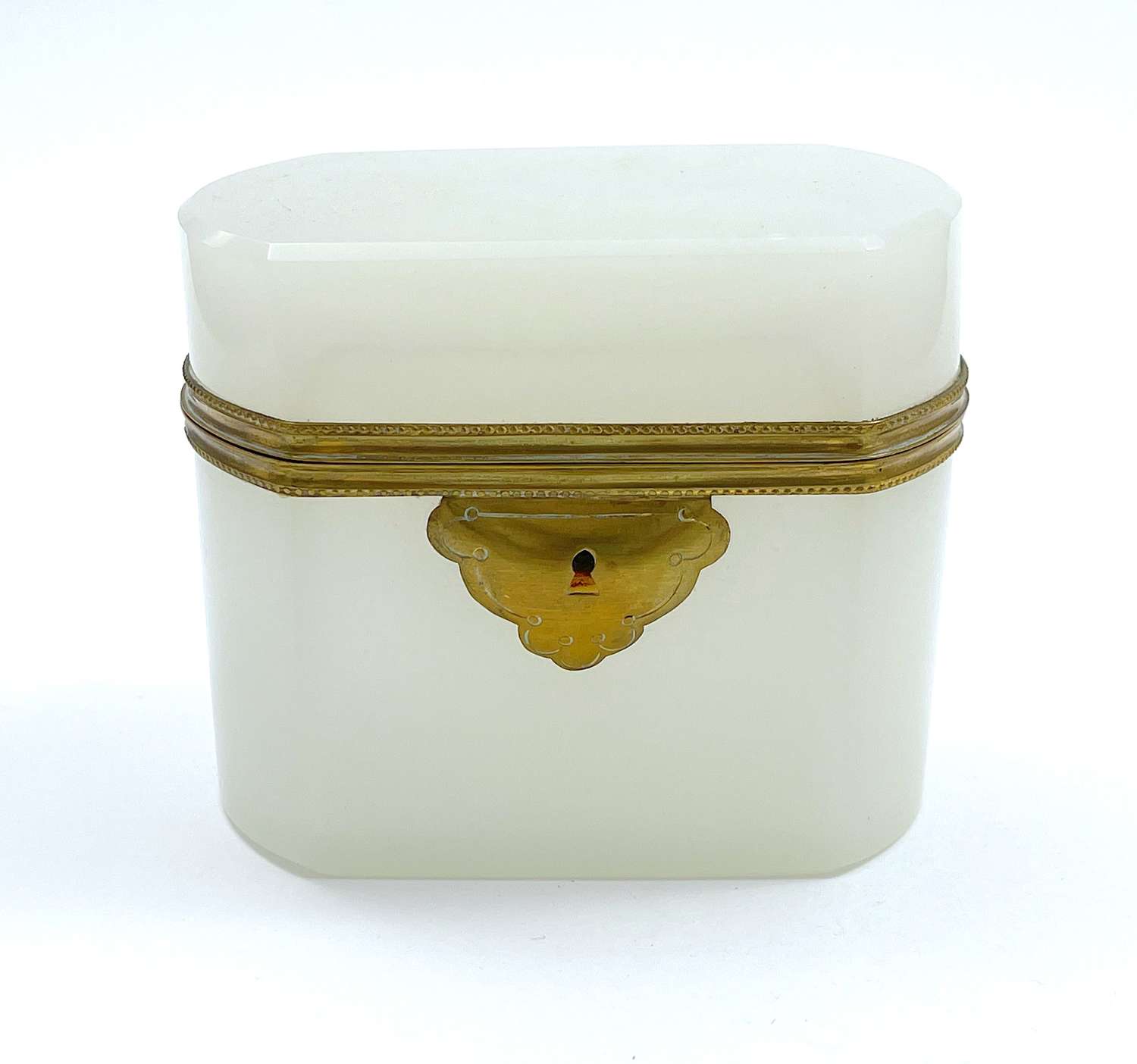 Antique French White Opaline Glass Casket with Smooth Dore Mounts