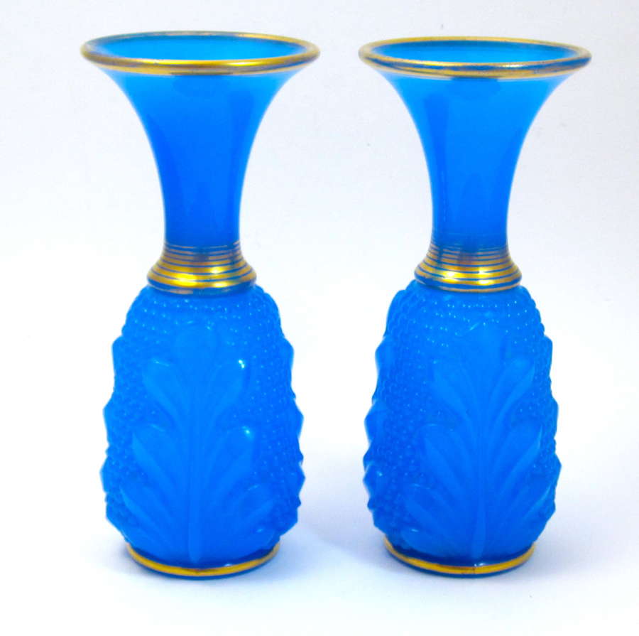 Pair of Antique Baccarat French Blue Opaline Glass Vases