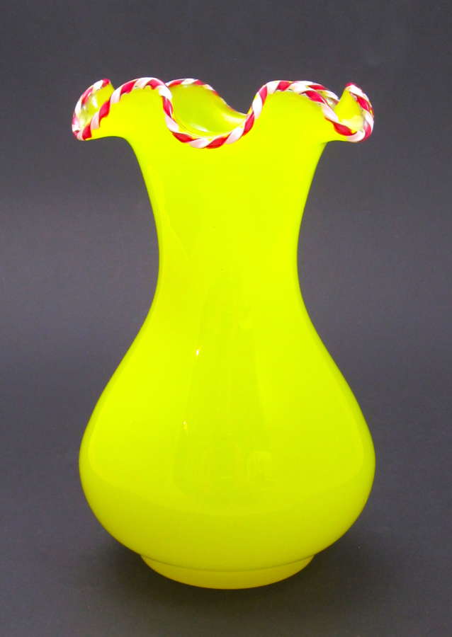 RARE Antique St Louis Yellow Opaline Glass Vase with Candy Stripe Rim