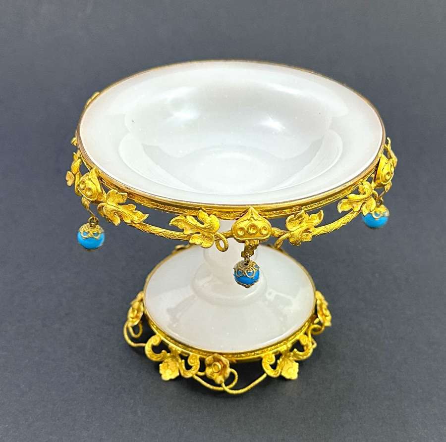 Antique Palais Royal White Opaline Bowl with Blue Opaline Baubles