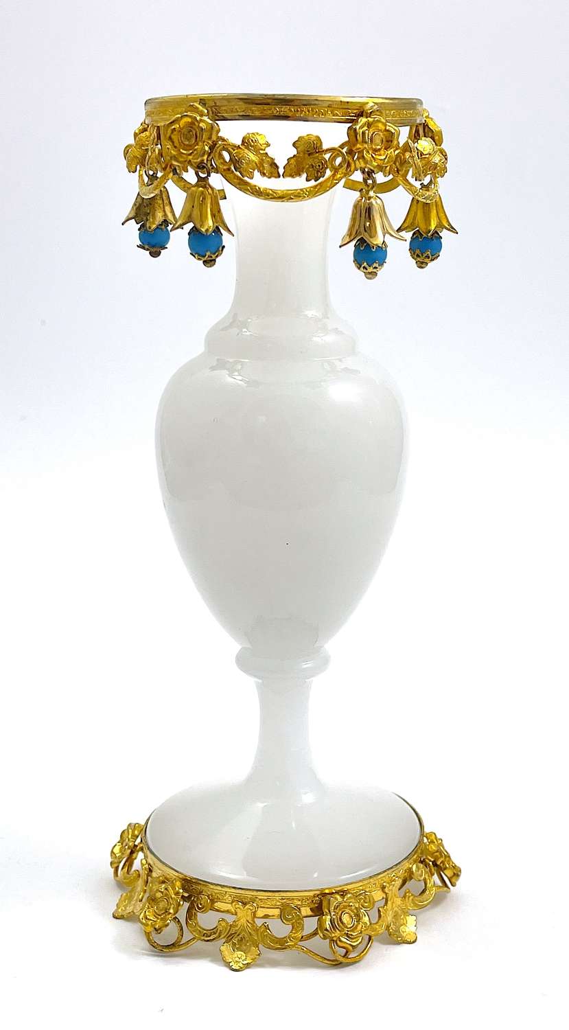 Antique Palais Royal White Opaline Glass Vase & Blue Opaline Baubles