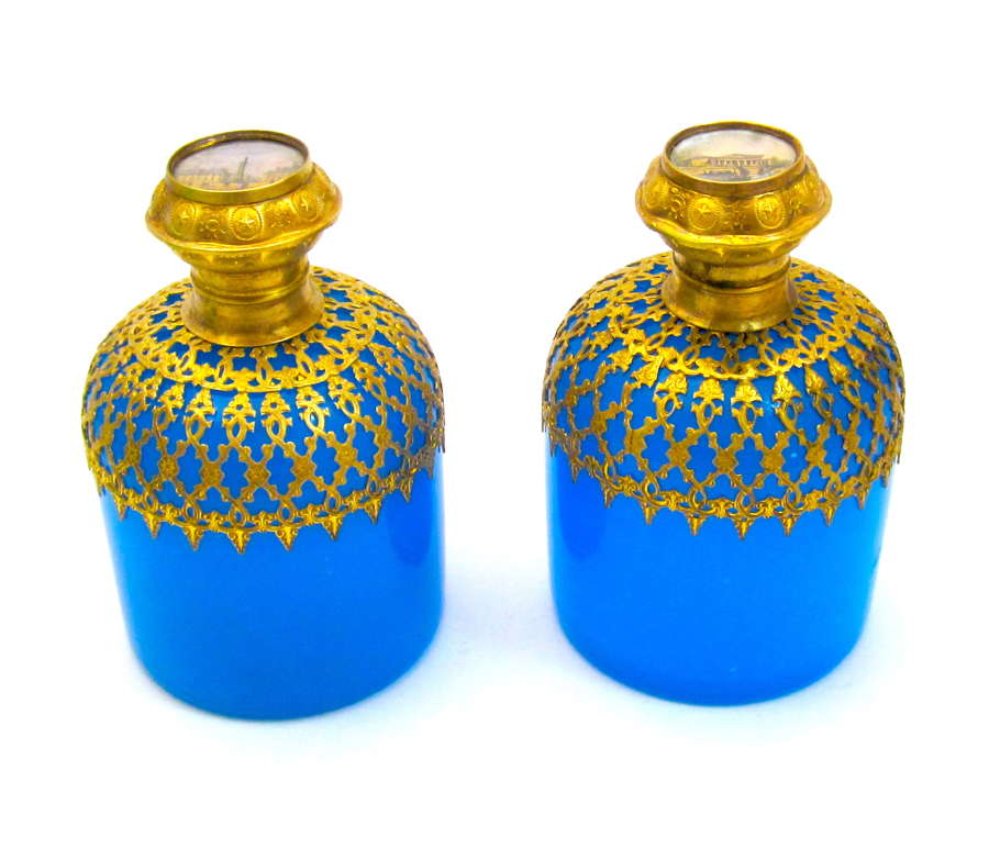 Pair of Antique Palais Royal Blue Opaline Glass Perfume Bottles