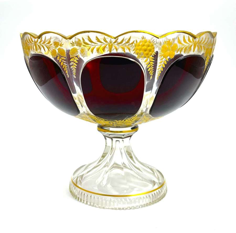 Antique Moser Glass Bowl Decorated with Red Jewel Cabouchon Panels