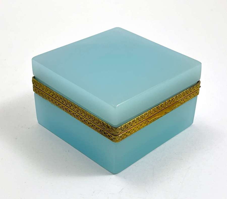 Antique Square Turquoise Opaline Glass Casket Box