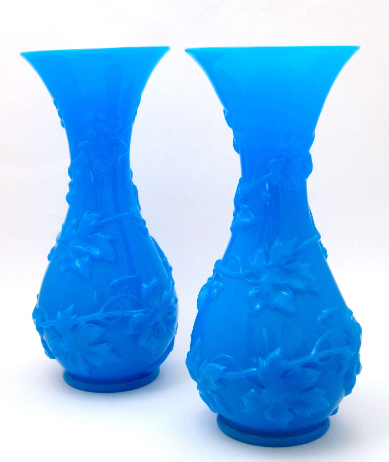 A Very Large Pair of Antique BACCARAT Blue Opaline Glass Vases