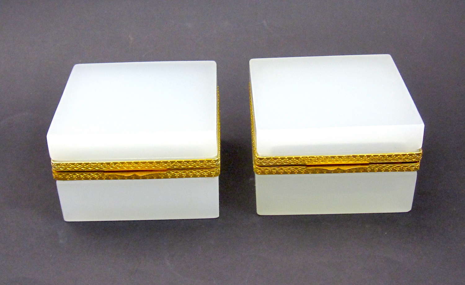 Pair of Antique White Opaline Glass Square Boxes