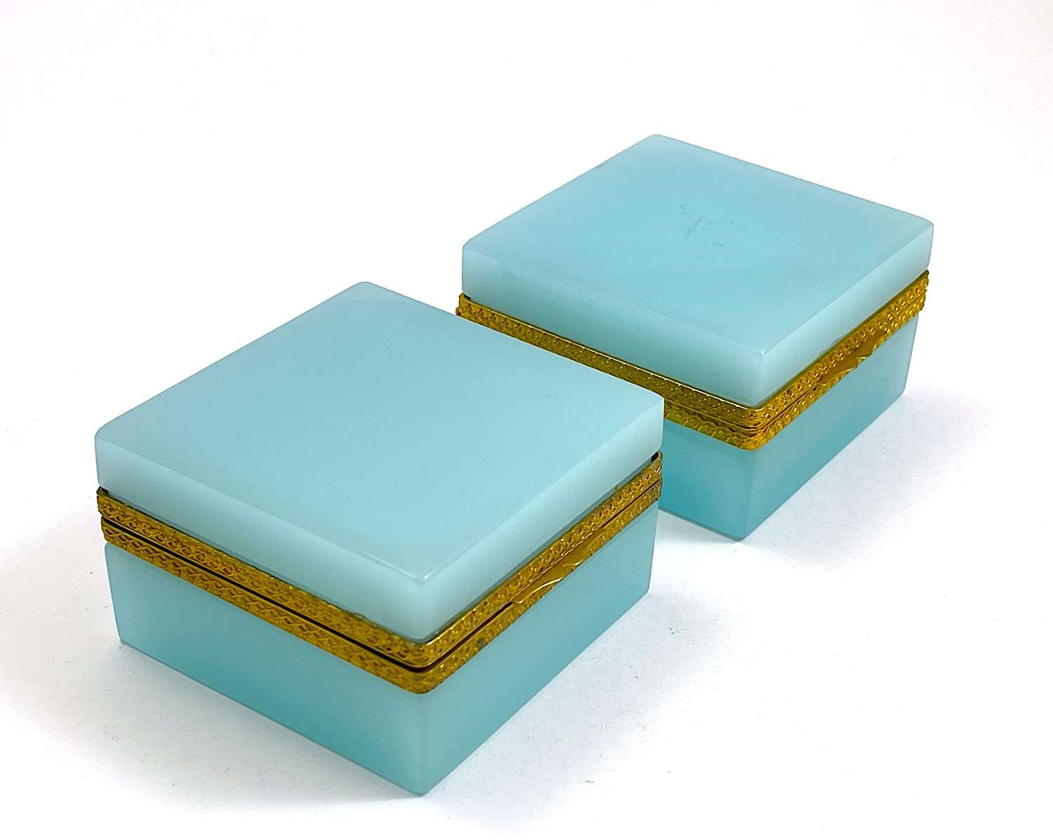 A Pair Antique Turquoise Blue Opaline Glass Square Boxes