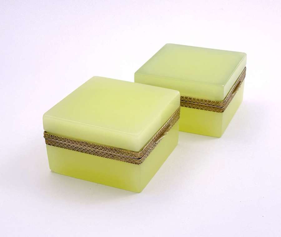 A Pair of Antique Yellow Opaline Boxes with Fancy Dore Bronze Mounts