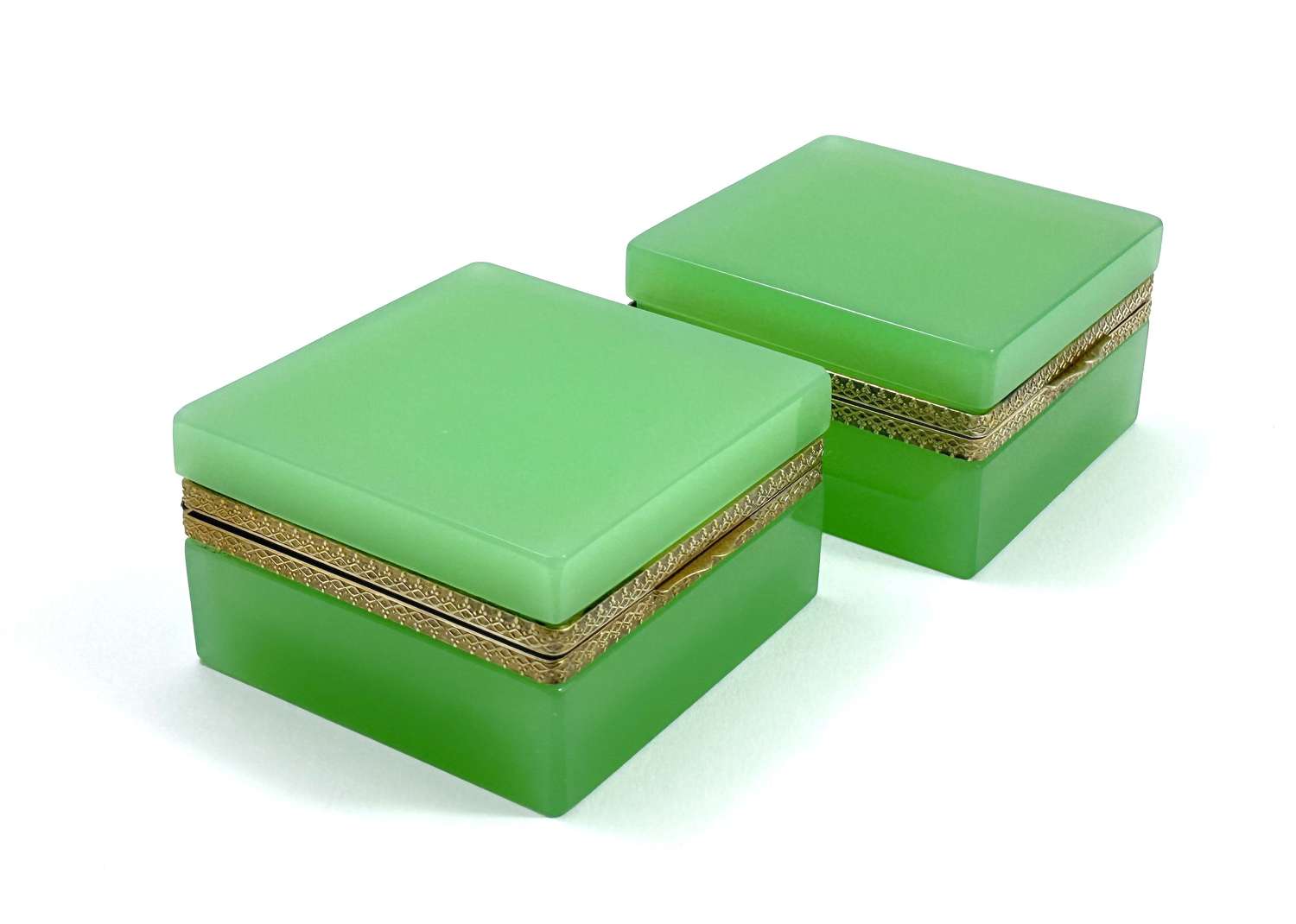Pair of Antique Green Opaline Glass Casket Boxes