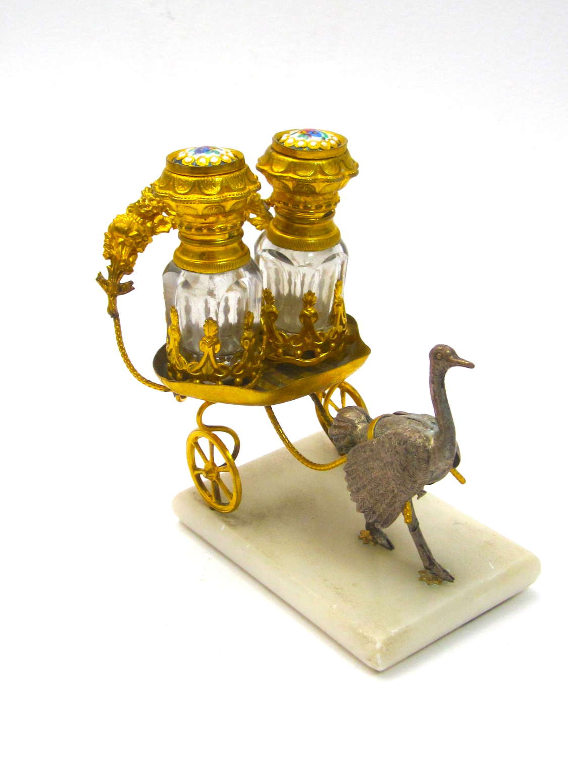 Unusual Antique Palais Royal Ostrich with 2 Glass and Perfume Bottles