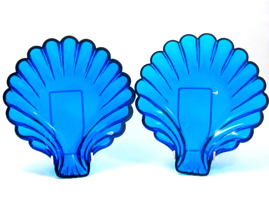 Stunning Pair of Antique French Clear Blue Glass Scallop Shell Dishes