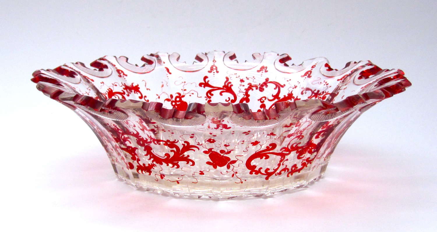 Antique Bohemian Ruby Red and Clear Bowl with Scalloped Rim